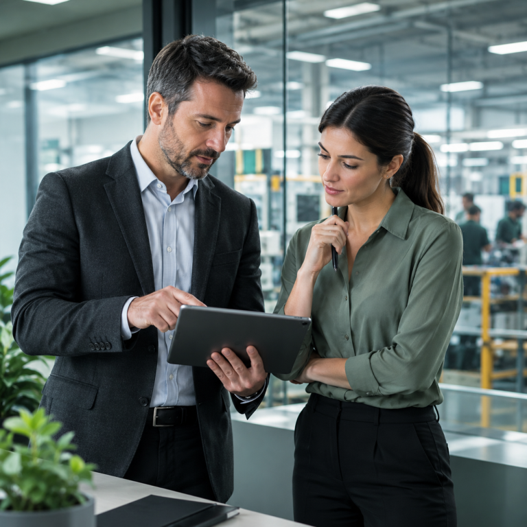 Dos profesionales revisando información en una tableta en un entorno industrial