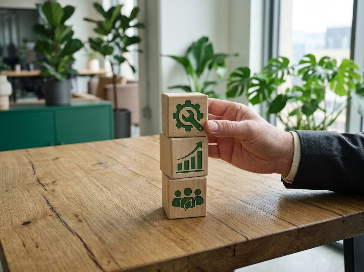 Bloques de madera con iconos de mejora continua y gestión de calidad