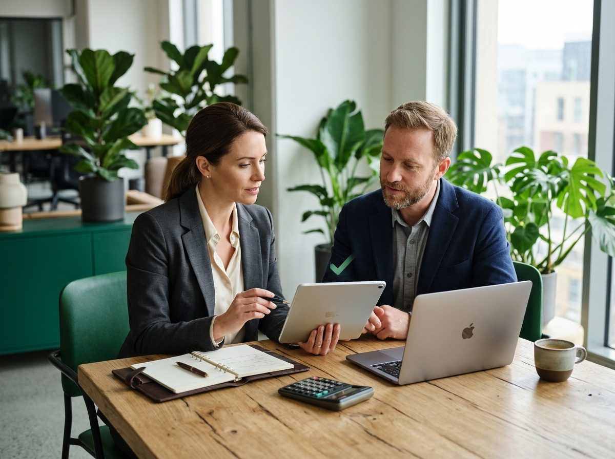 Dos profesionales revisando un presupuesto de consultoría ISO 9001
